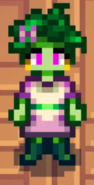 Stardew Valley farmer, green and mauve color scheme